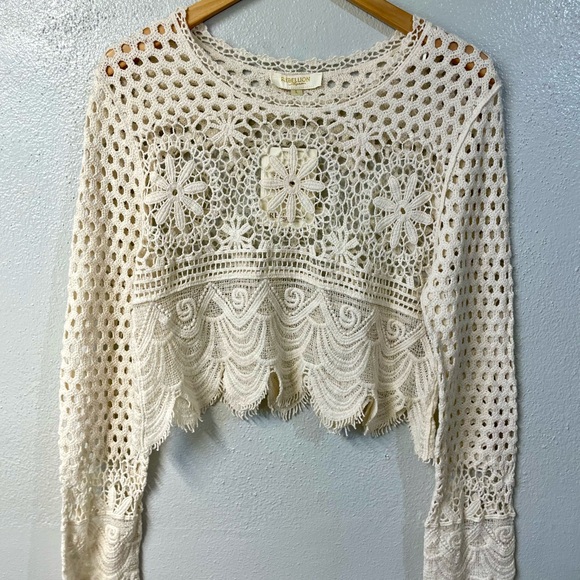 Rebellion Again Tops - NWT Rebellion Again Crochet Crop Sweater Intricate Boho Feminine Festival Large